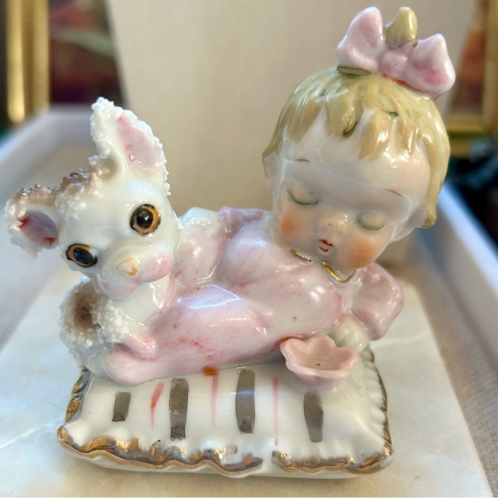 Vintage Baby Girl with Puppy Made in Japan Figurine